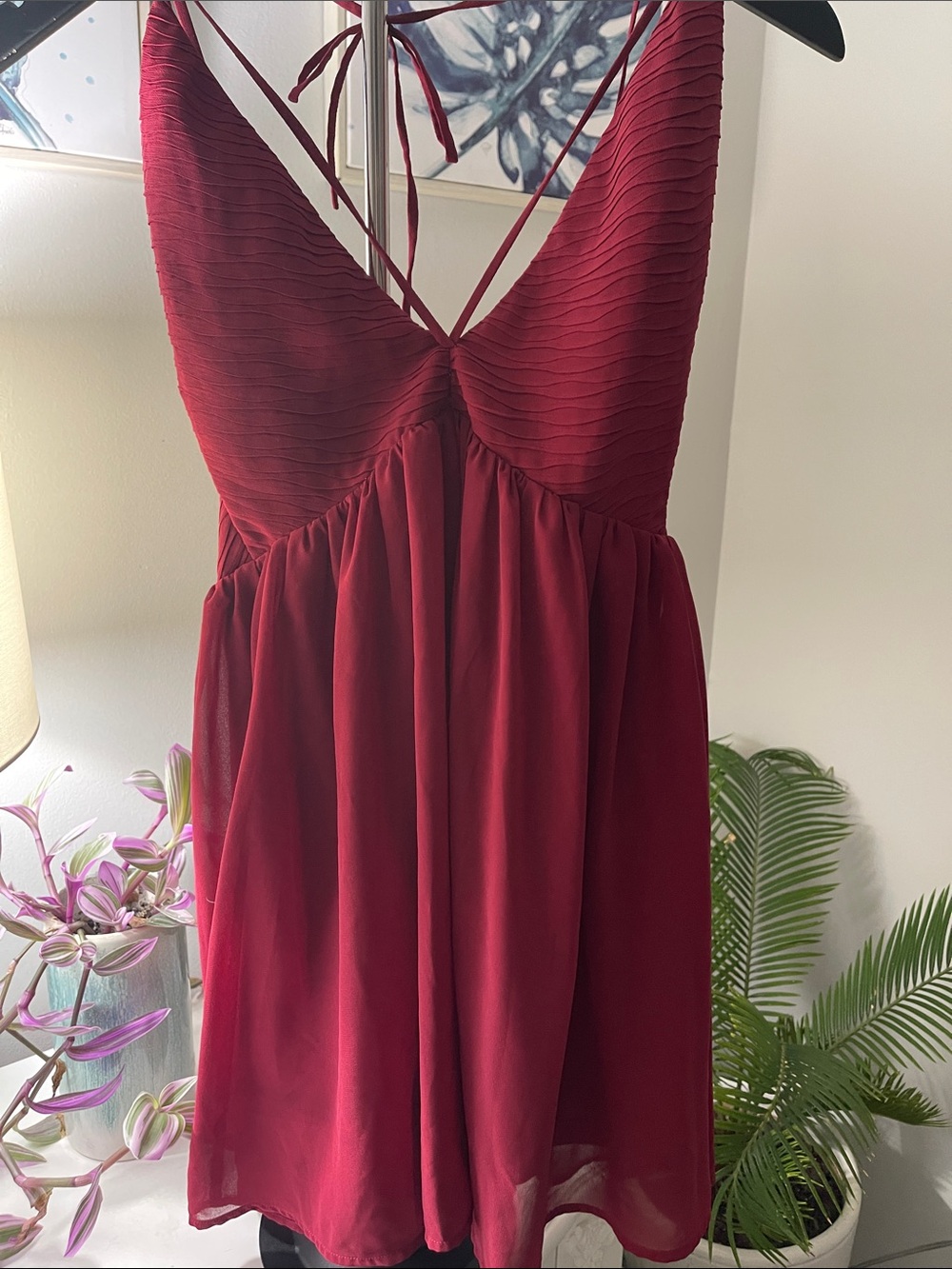 Lulu's Cherry Red Pleated V-Neck Mini Dress